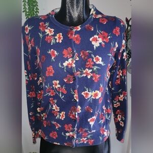 Land's End Blue and Red Floral Cardigan Sz.PM